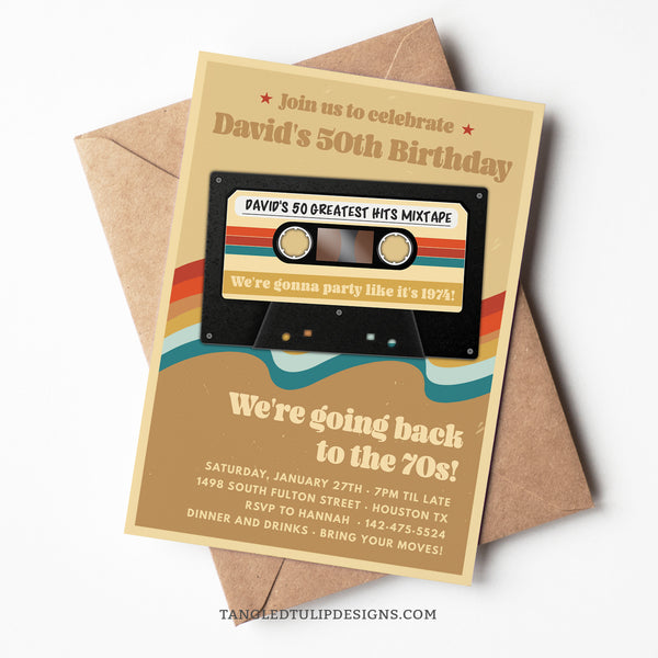 1970s party invitation for a 50th Birthday party. Featuring a retro cassette tape of Greatest Hits. Go Back to the 70s! Tangled Tulip Designs - Birthday Invitations