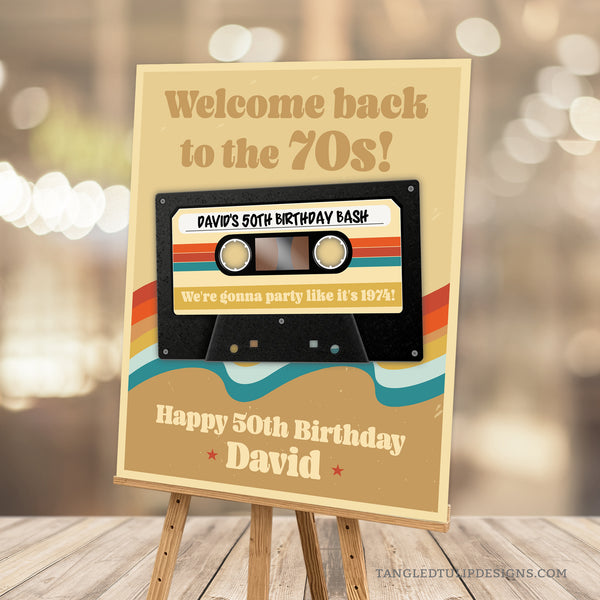 Take guests back in time to the groovy 70s era with this retro Cassette Tape Welcome sign! This funky vintage design is an ideal decoration for any 50th birthday celebration or for any age milestone. Complete with a personalized Mixtape of Greatest Hits, it's the perfect addition to your retro-themed party.