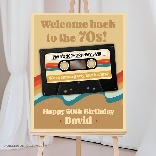 Take guests back in time to the groovy 70s era with this retro Cassette Tape Welcome sign! This funky vintage design is an ideal decoration for any 50th birthday celebration or for any age milestone. Complete with a personalized Mixtape of Greatest Hits, it's the perfect addition to your retro-themed party.