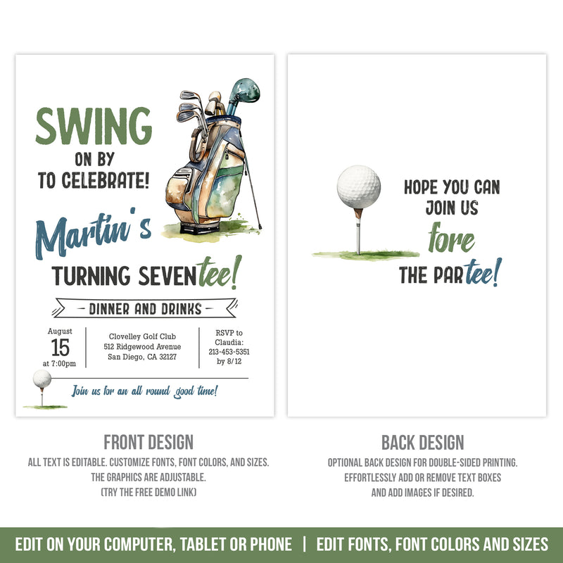 Editable Golf 70th Birthday Invitation Template, Golfer Theme Party Digital Invite for any age