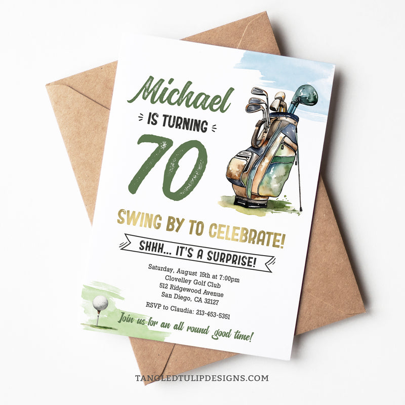 A Golfer 70th Birthday invitation for his Surprise birthday party. Featuring a golf bag and golf ball on the tee. Invitation template to edit in Corjl. By Tangled Tulip Designs