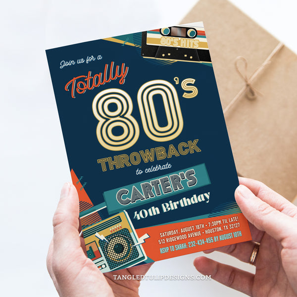 80s Throwback Party Invitation for a man. Great for a 40th Birthday or any age. In a funky retro design, with a boombox and vintage cassette tape. Invitation template to edit in Corjl. By Tangled Tulip Designs