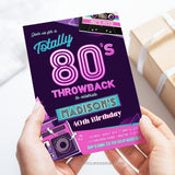 Editable 80s Party Invitation for a woman's 40th Birthday party, or for any age. This 80s Throwback Party invite features a funky neon color scheme, with a boombox and classic cassette mixtape. Edit in Corjl. By Tangled Tulip Designs.