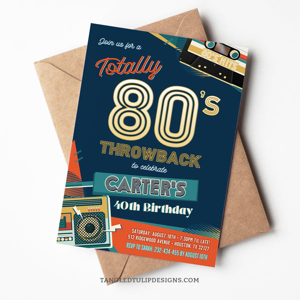 1980s Throwback Party Invitation for a man. Great for a 40th Birthday or any age. In a funky retro design, with a boombox and vintage cassette tape. Invitation template to edit in Corjl. By Tangled Tulip Designs