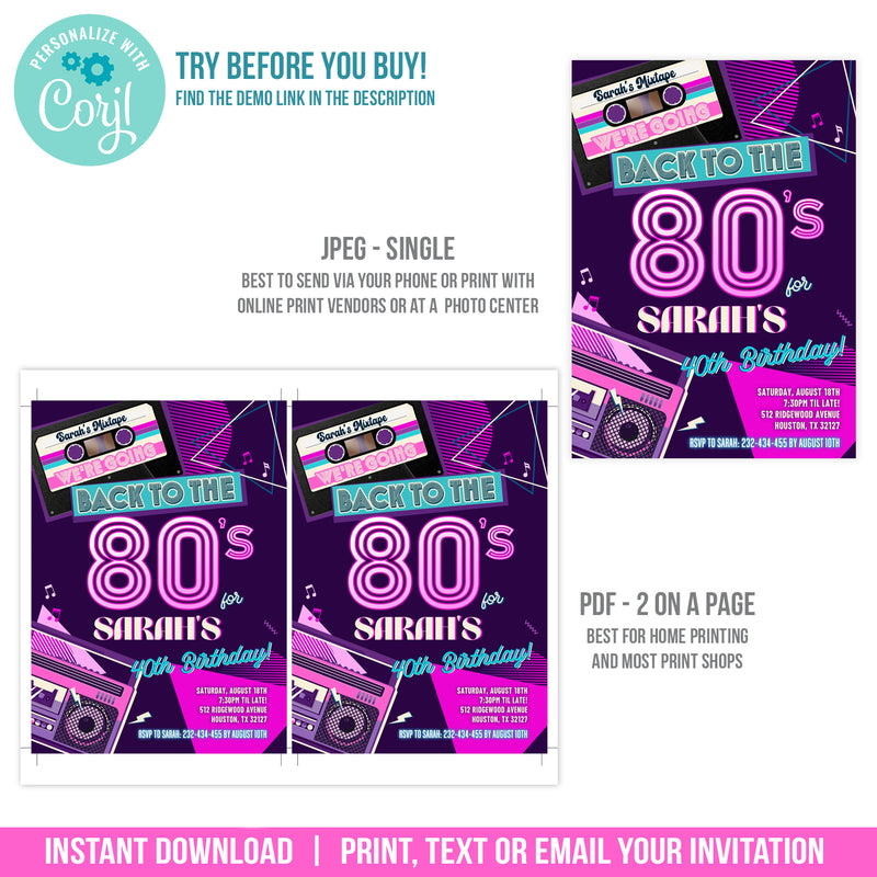 Editable 80s Party Invitation for a woman, Back to the 80s Birthday Disco Party Digital Invite