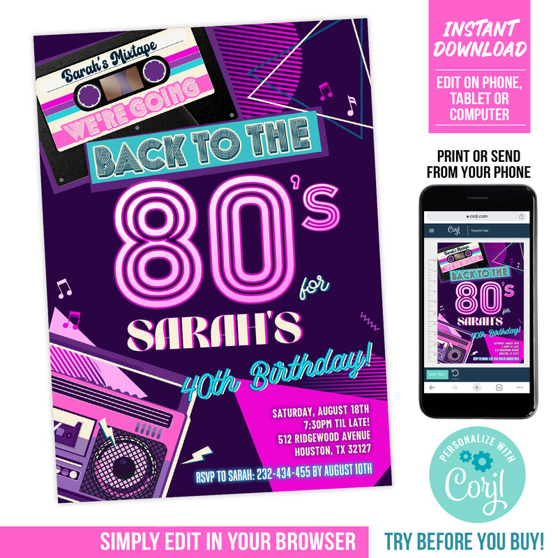 Editable 80s Party Invitation for a woman, Back to the 80s Birthday Disco Party Digital Invite