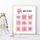 Editable Daily Affirmations poster sign for girls is adorned with pink Post-it notes bearing personalized 'Notes to Self'. Inspire confidence and positivity with customizable affirmations tailored to uplift and empower your child. Instant Download and Editable in Corjl. By Tangled Tulip Designs.