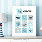 Editable Daily Affirmations Poster Sign for boys with blue Post-it notes pinned up with a Note to Self of encouragement and affirmation mantras. These notes are fully customizable, so you can change them to suit the child. Instant Download and Editable in Corjl. By Tangled Tulip Designs.