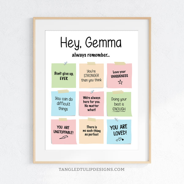 Encourage positivity and self-confidence with this customizable Affirmations for Teens and Tweens Poster Sign. This personalized encouragement poster is fully editable, so you can change the notes to suit your child or teen.