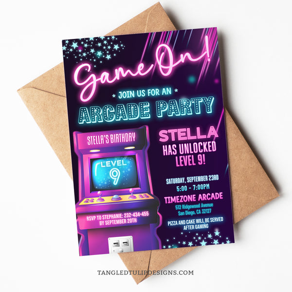 An Arcade Birthday invitation for girls, in a vibrant neon glow design, with an arcade game showing the gaming level, and plenty of stars, and sparkles. Edit in Corjl. By Tangled Tulip Designs.