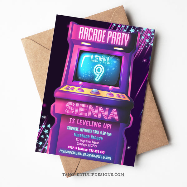 An editable Arcade Birthday party invitation for girls, with an arcade game in a vibrant neon glow design in shades of pink, purple and blue. Template to Edit in Corjl. By Tangled Tulip Designs.