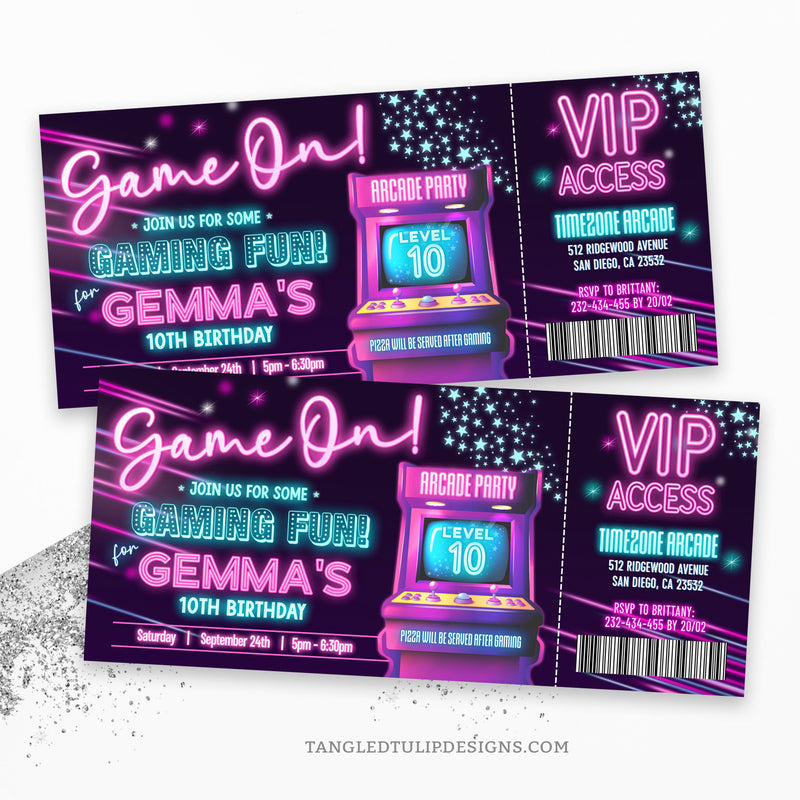 Arcade Birthday Invitation Ticket for girls, in a cool neon glow design. Featuring an arcade game and lots of stars and sparkles. Get VIP Access to the ultimate Arcade birthday party! Template to Edit in Corjl. By Tangled Tulip Designs.