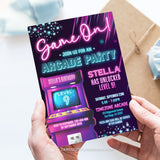 An Arcade Birthday invitation for girls, in a vibrant neon glow design, with an arcade game showing the gaming level, and plenty of stars, and sparkles. Edit in Corjl. By Tangled Tulip Designs.