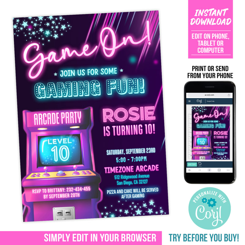 Arcade Party Invitation, Girl Editable Arcade Game Birthday Digital Invite