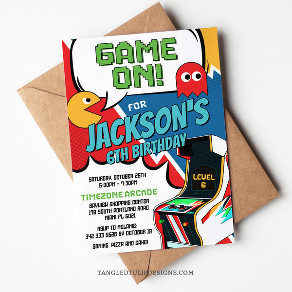 Level up for his birthday bash! This editable Arcade Birthday Invitation features a vibrant comic-style designs with Pac-Man characters! It's Game On! Tangled Tulip Designs - Birthday Invitations