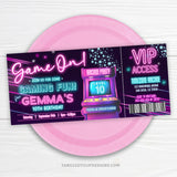 Arcade Birthday Invitation Ticket for girls, in a cool neon glow design. Featuring an arcade game and lots of stars and sparkles. Get VIP Access to the ultimate Arcade birthday party! Template to Edit in Corjl. By Tangled Tulip Designs.