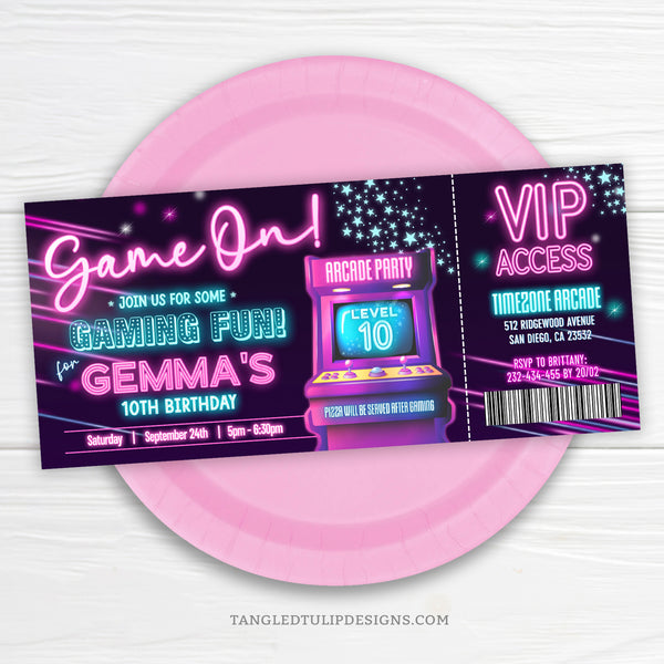 Arcade Birthday Invitation Ticket for girls, in a cool neon glow design. Featuring an arcade game and lots of stars and sparkles. Get VIP Access to the ultimate Arcade birthday party! Template to Edit in Corjl. By Tangled Tulip Designs.