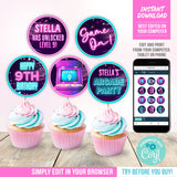 Editable Arcade Birthday Cupcake Toppers for Girls, Arcade Game Party Printable