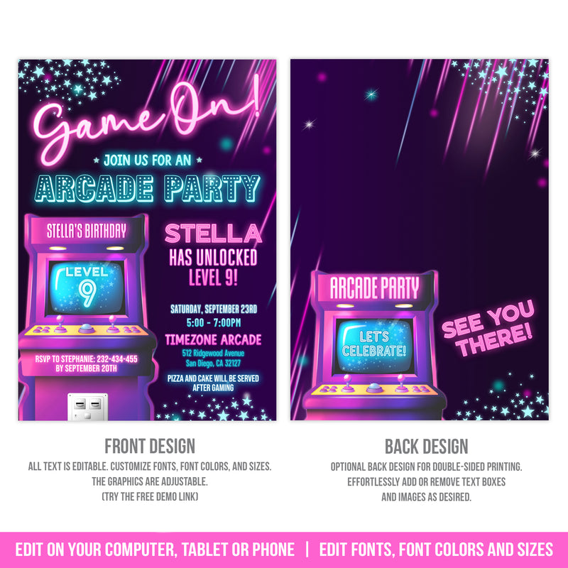 Editable Arcade Birthday Invitation, Girl Arcade Party Invite, Neon Glow