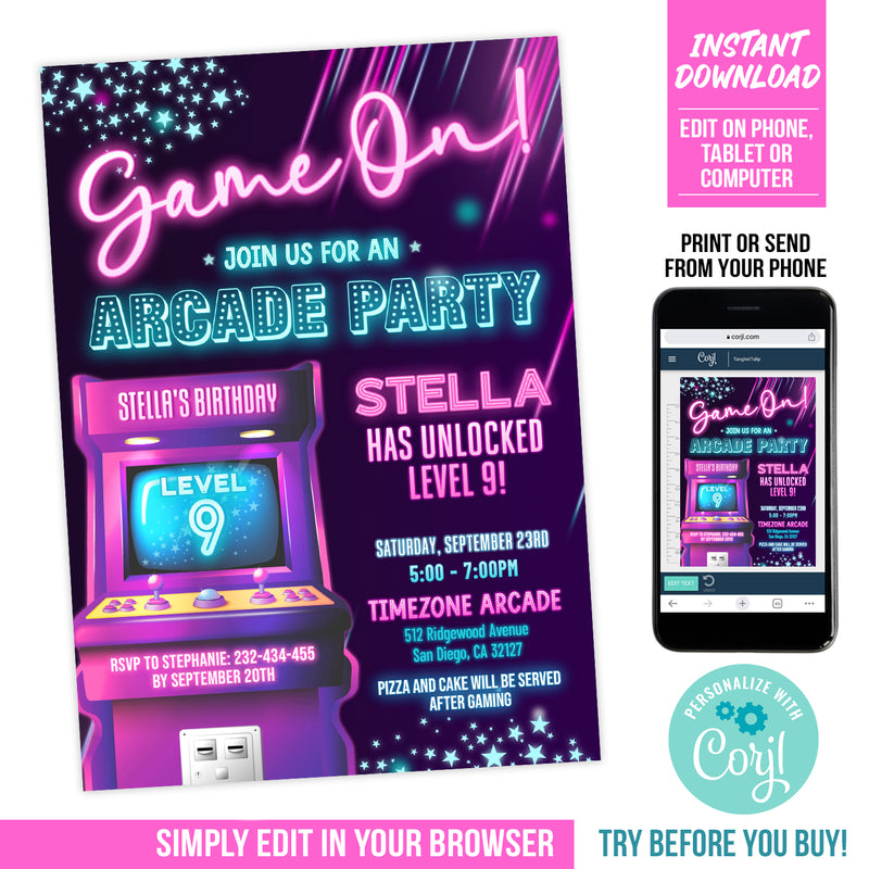 Editable Arcade Birthday Invitation, Girl Arcade Party Invite, Neon Glow