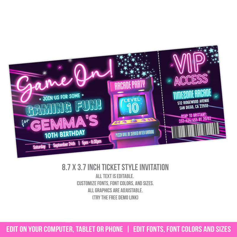 Editable Arcade Birthday Invitation Ticket, Girl Arcade Party Digital Invite Ticket Template