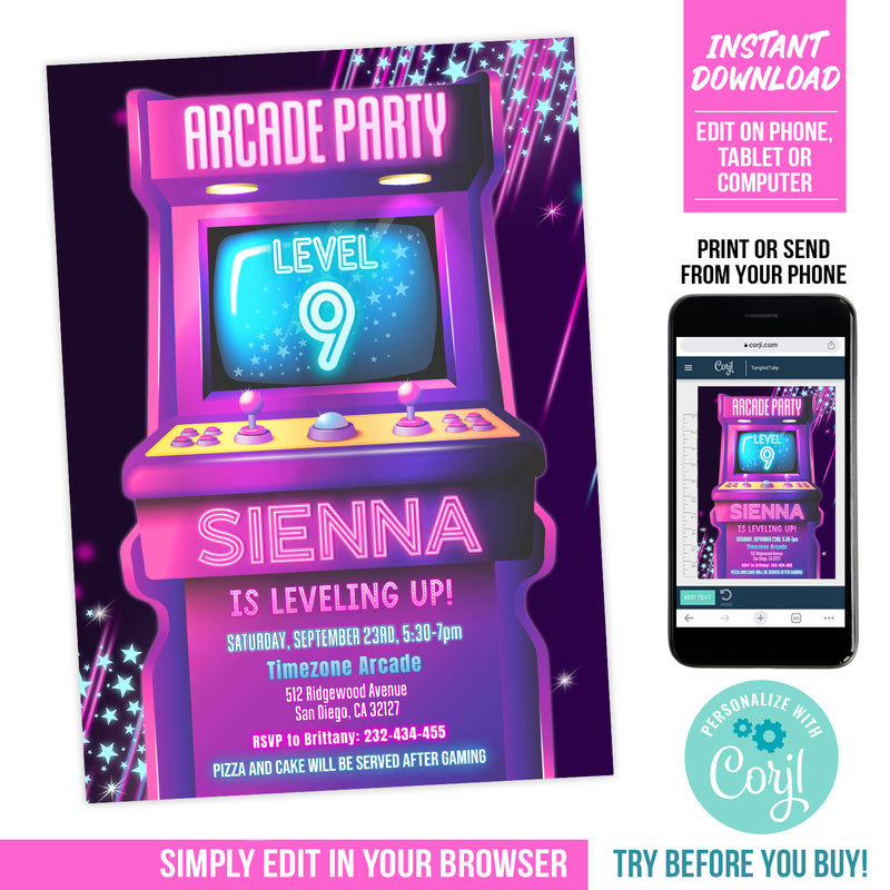 Arcade Birthday Invitation Template, Girl Arcade Game Party Digital Invite