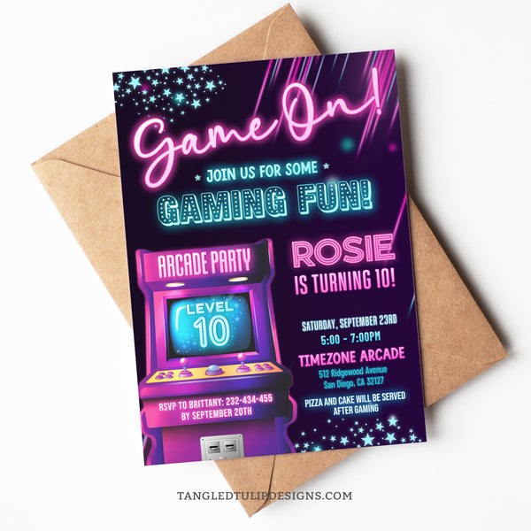 An editable Arcade party invitation for girls, in a vibrant neon glow design, featuring an arcade game, stars, and sparkles. It's Game On for some gaming fun! Template to Edit in Corjl. By Tangled Tulip Designs.