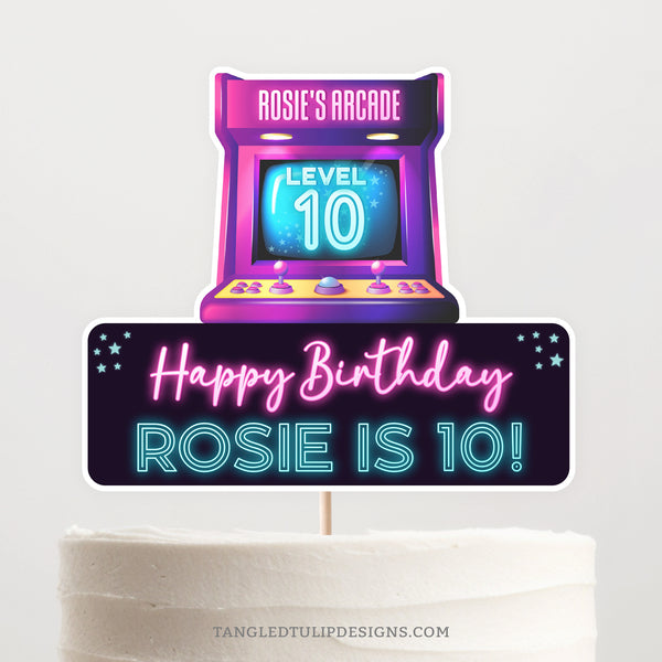 Arcade Birthday Cake Topper for a girl. Printable digital download. Personalize the arcade cake topper.