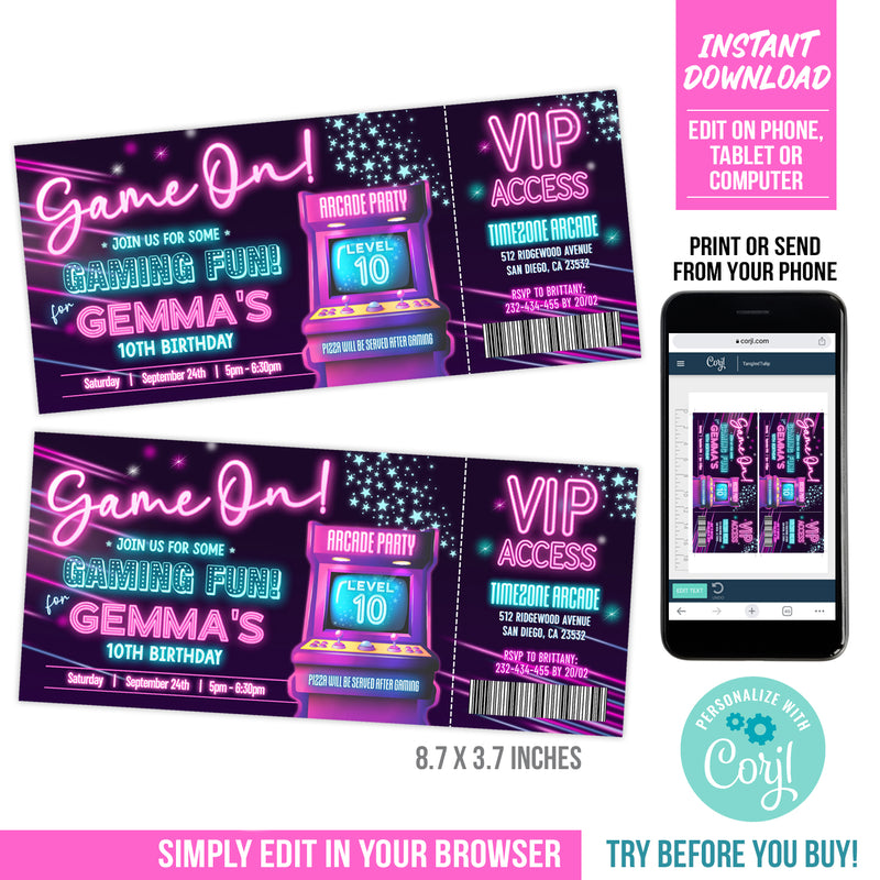 Editable Arcade Birthday Invitation Ticket, Girl Arcade Party Digital Invite Ticket Template