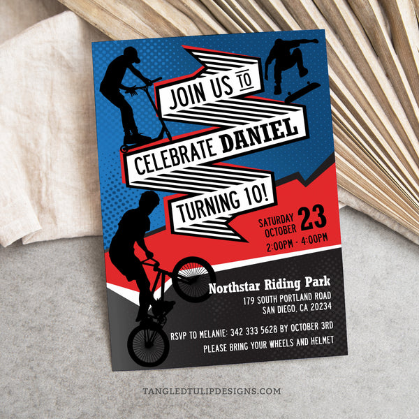 This editable Bike, Skater, Scooter Birthday Invitation is perfect for all thrill-seekers, featuring silhouettes of BMX riders, skateboarders, and scooter enthusiasts. Tangled Tulip Designs - Birthday Invitations