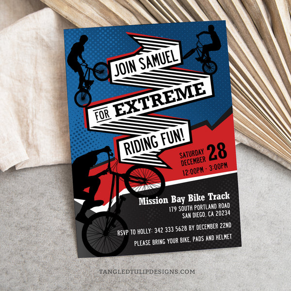 Editable BMX riding party invite, promising extreme biking fun for boys. Featuring a vibrant red and blue design with BMX bikers riding all over, this editable invitation sets the stage for an adrenaline-fueled celebration. Tangled Tulip Designs - Birthday Invitations