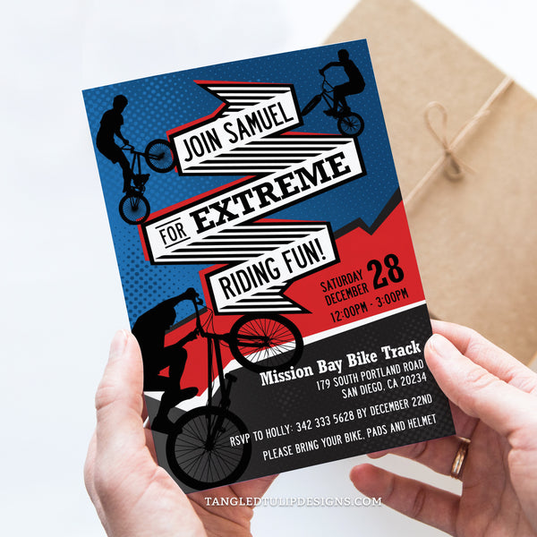 Editable BMX riding party invite, promising extreme biking fun for boys. Featuring a vibrant red and blue design with BMX bikers riding all over, this editable invitation sets the stage for an adrenaline-fueled celebration. Tangled Tulip Designs - Birthday Invitations