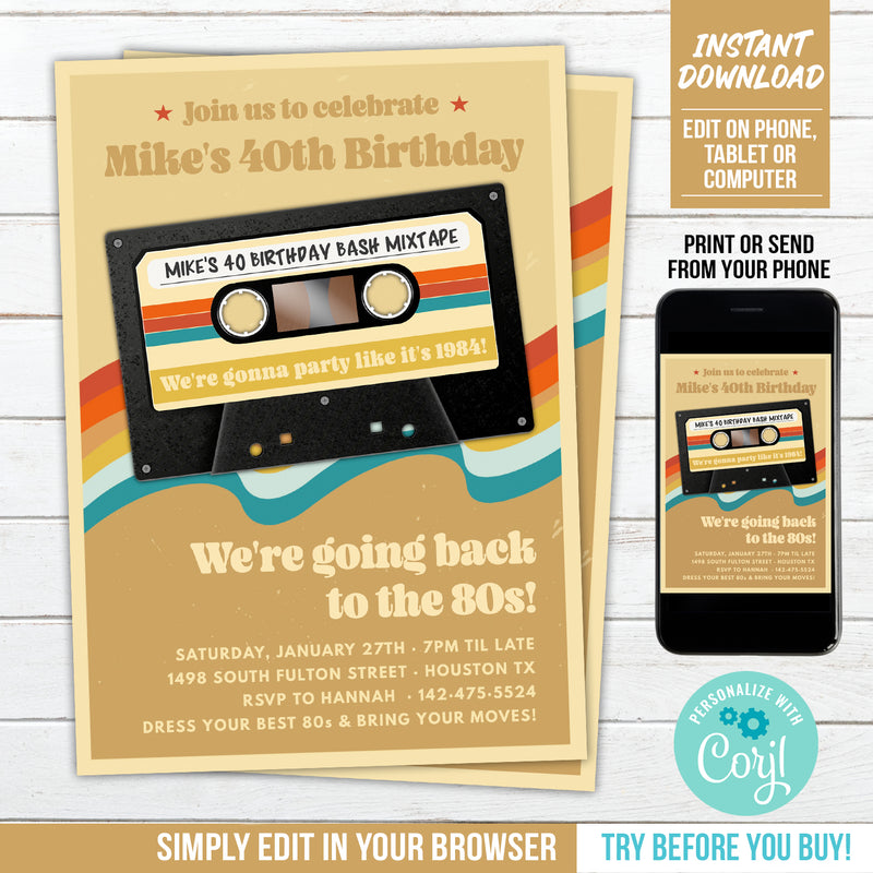 Editable 80s Party Invitation, Cassette Mixtape 40th Birthday Digital Invite for a Man