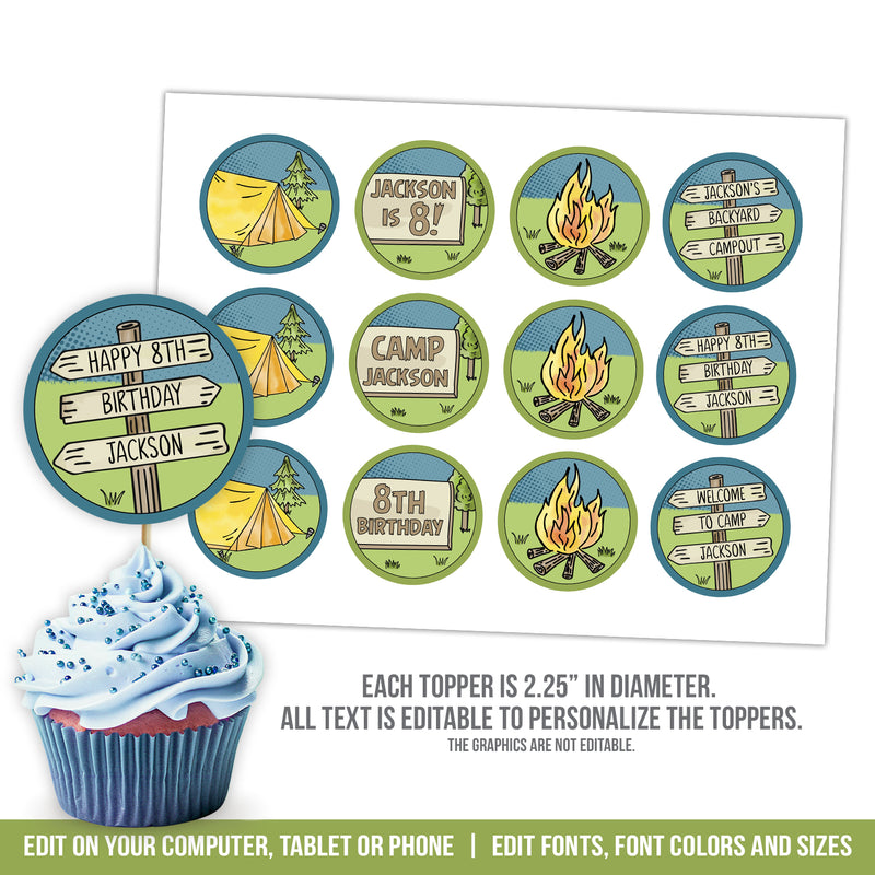 Camping Birthday Cupcake Toppers Backyard Campout Party Tent Campfire