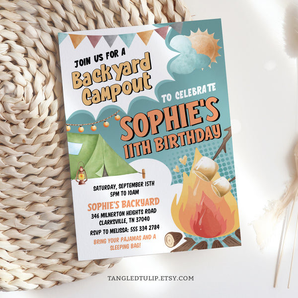 A Backyard Campout birthday invitation featuring a big campfire, roasting marshmallows for s'mores, a camping tent and pretty flags and lights. Template to Edit in Corjl. By Tangled Tulip Designs.