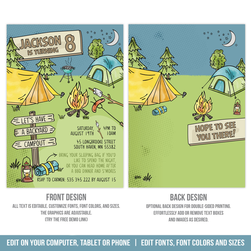 Editable Backyard Campout Invitation Template for a Camping Birthday Party Digital Invite