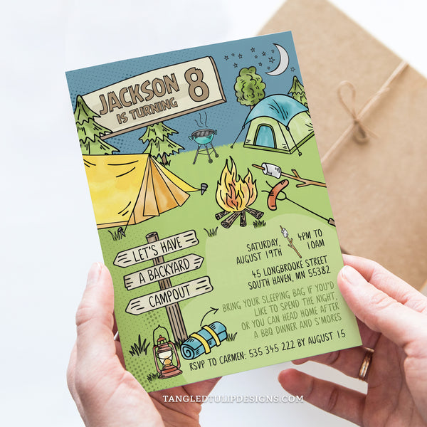 This editable Backyard Campout invitation features tents, a campfire and bbq marshmallows to make s'mores. Template to Edit in Corjl. By Tangled Tulip Designs.
