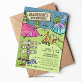 This editable Backyard Campout birthday invitation for girls features tents, a campfire and bbq marshmallows. Template to Edit in Corjl. By Tangled Tulip Designs.