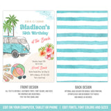 Beach Party Invitation Template, Girl Beach Birthday Editable Invite, VW Bus