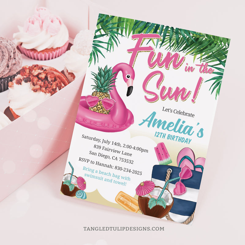 A Fun in the Sun birthday invitation, perfect for a beach or pool party for teen or tween girls. This invite a real Summer feel, featuring a pineapple in heart-shaped sunglasses in a flamingo floaty, beach bag, ice creams, and glitter gold accent. Tangled Tulip Designs - Birthday Invitations