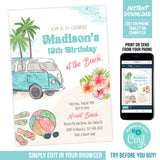 Beach Party Invitation Template, Girl Beach Birthday Editable Invite, VW Bus