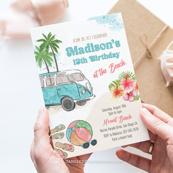 An editable Beach Party invitation for girls featuring a VW Bus, palm trees, tropical flowers, a beach ball and sunglasses. A beach birthday invite perfect for teenage girls.