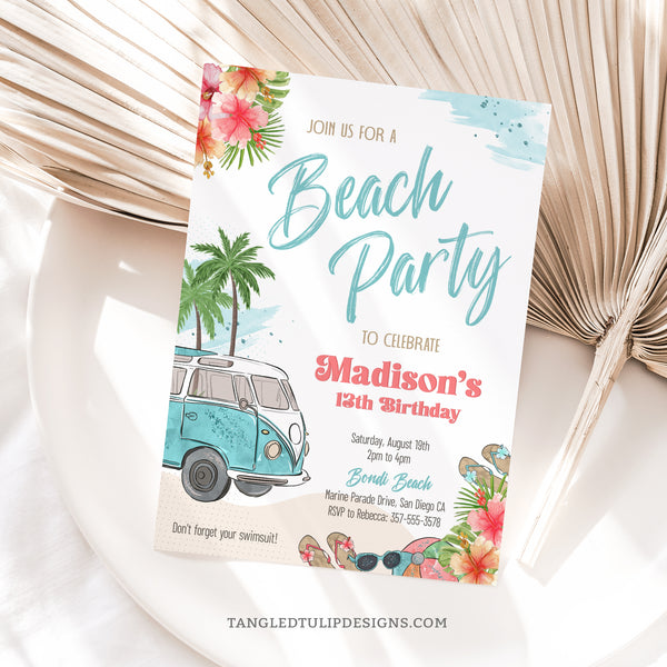 A Beach Party editable invitation for teen girls, featuring a VW bus, palm trees, tropical flowers, a beach ball and sunglasses. A sophisticated look for a teen girl beach party. Edit in Corjl. By Tangled Tulip Designs.