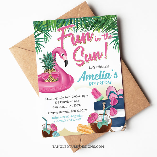 A Fun in the Sun birthday invitation, perfect for a beach or pool party for teen or tween girls. This invite a real Summer feel, featuring a pineapple in heart-shaped sunglasses in a flamingo floaty, beach bag, ice creams, and glitter gold accent. Tangled Tulip Designs - Birthday Invitations