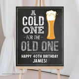 Whether it's a 40th birthday or any age milestone, this customizable sign sets the tone for a great beer-themed party! Featuring a classic chalkboard background with a pop of Sunburst yellow and metallic silver accents, to have a Cold One for the Old One.  Instant Download and Editable in Corjl. By Tangled Tulip Designs.