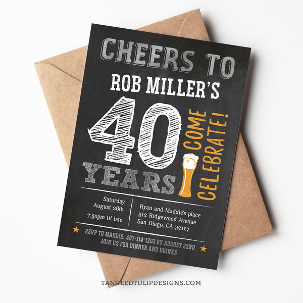 A beer theme birthday invitation for his 40th birthday. Metallic silver and sunburst on a chalkboard effect background. Say Cheers to 40 years! Tangled Tulip Designs - Birthday Invitations