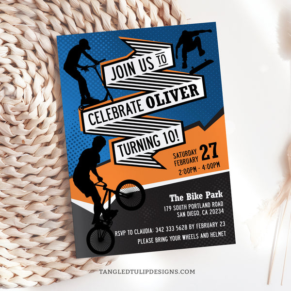 Editable Bike, Scooter and Skateboard party invitation for a boy's birthday. In orange and blue with a BMX biker, skater and scooter rider. Tangled Tulip Designs - Birthday Invitations