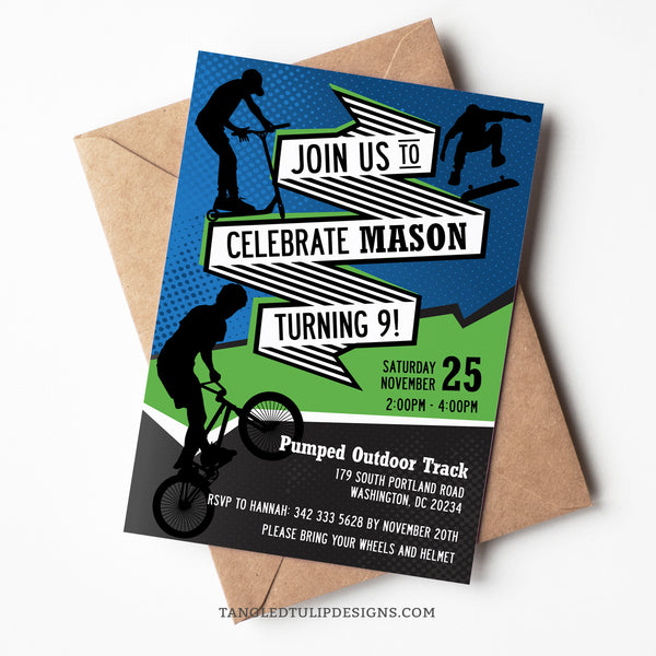 Editable Riding birthday invitation for a BMX biker, skater, scooter party. With boys doing tricks all over the green and blue party invite. Invitation template to edit in Corjl. By Tangled Tulip Designs.