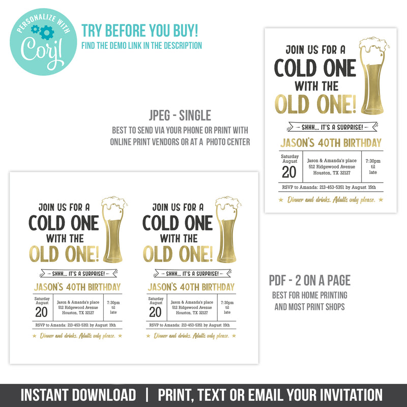 Editable Surprise 40th Birthday Invitation for a Man, Beers Cold One for the Old One Digital Invite