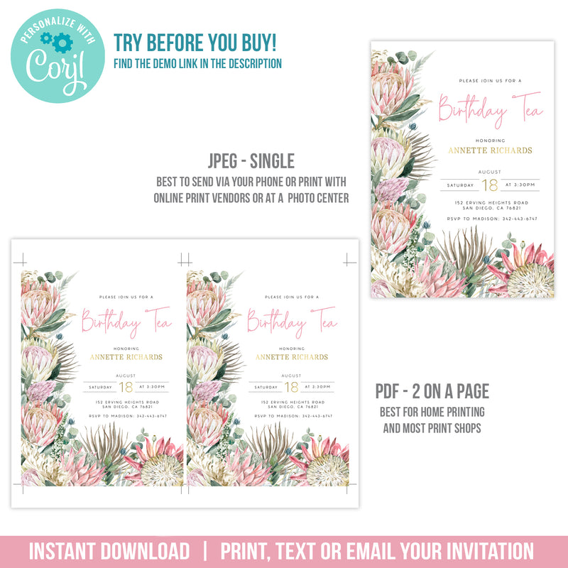 Editable Tea Party Invitation for a woman, Boho Protea Birthday Digital Invite